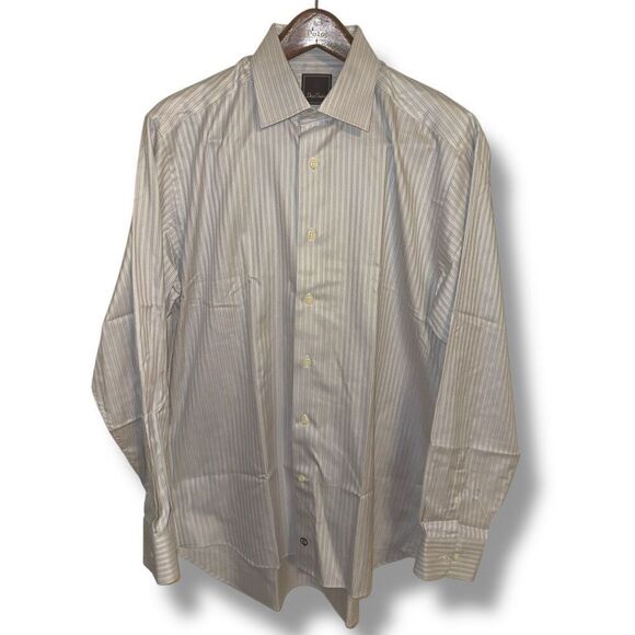 David Donahue White & Gray Striped Dress Shirt Size L 16.5 34/35 - Picture 1 of 8